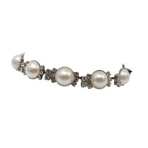 Vintage Faux Pearl Clear Rhinestone Silver Tone Bracelet 7 in